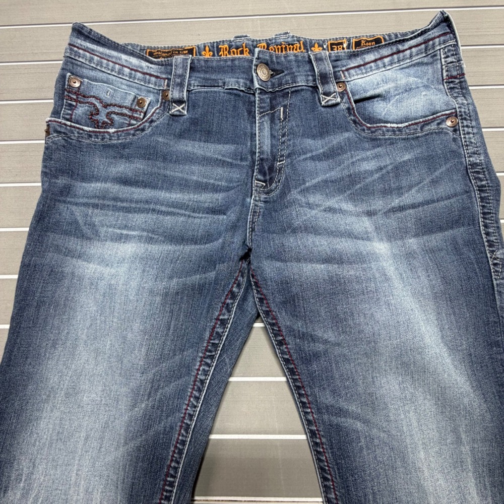 Rock Revival Koen Slim Straight Jeans Mens 38 Medium Wash Biker